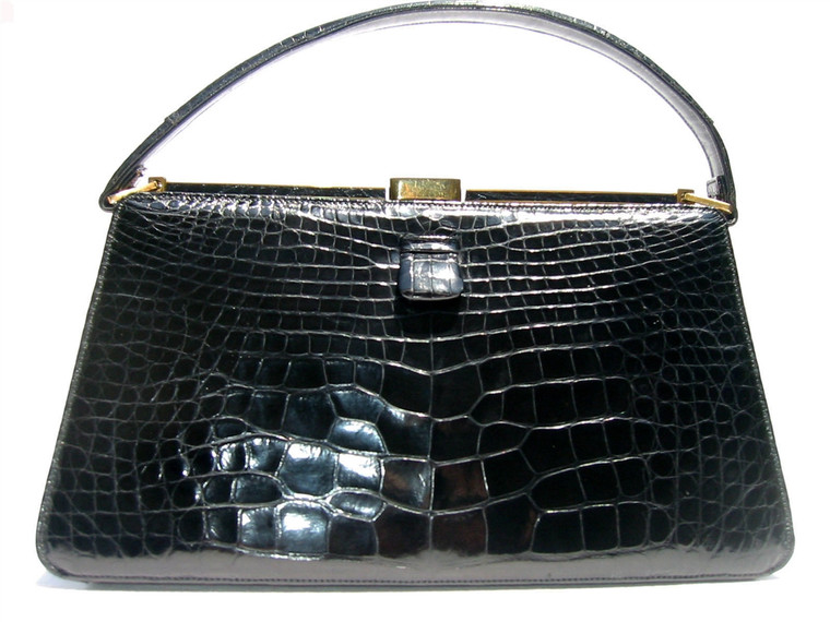 Classic BLACK 1960's LUCILLE de PARIS Alligator Kelly Handbag 