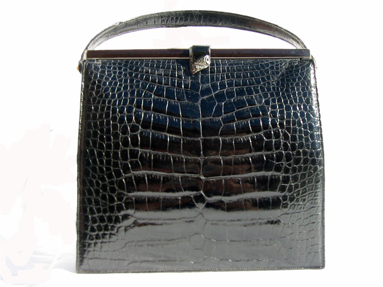 BLACK 1960's LUCILLE de PARIS Alligator Belly Evening Bag - Jewels