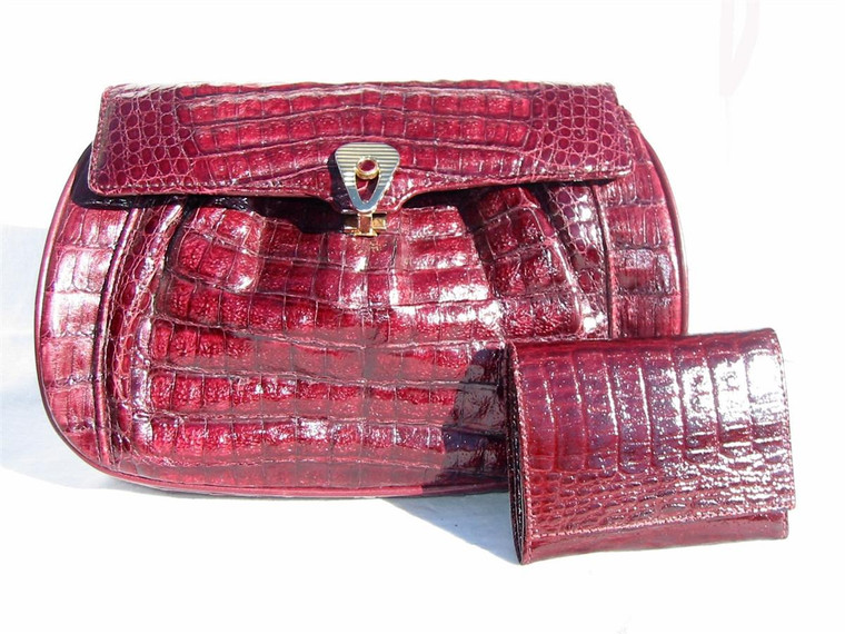  BURGUNDY 1990's Crocodile Skin Shoulder Bag CLUTCH 