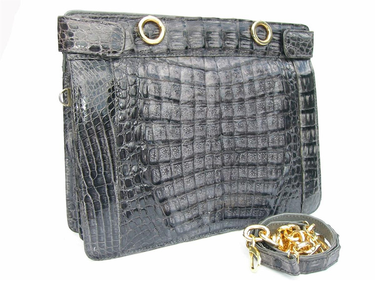  Versatile XL SLATE GRAY 1980's Crocodile Skin CLUTCH Shoulder Bag 