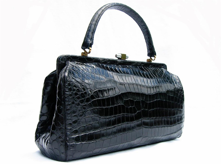  1950's-60's Jet Black CROCODILE Skin Doctor Style Handbag - HOLLYWOOD 