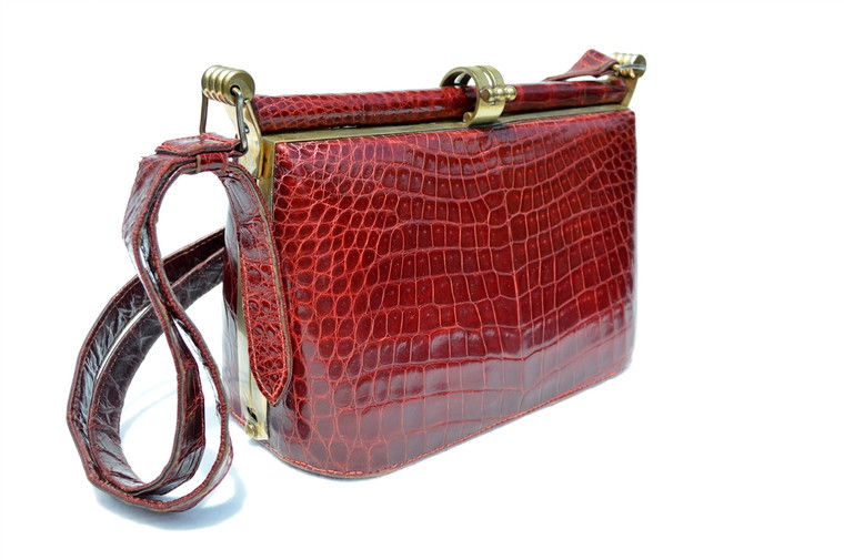 Rare 1950's RUBY RED Crocodile Skin Shoulder Bag