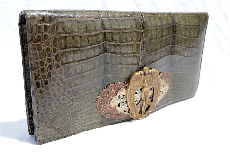 1990's MOSS GREEN Double CROCODILE Belly Skin CLUTCH