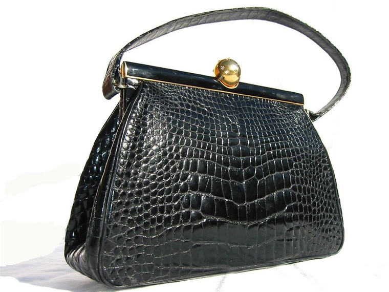  Jet Black 1960's SACHA Alligator Skin Handbag - FRANCE 