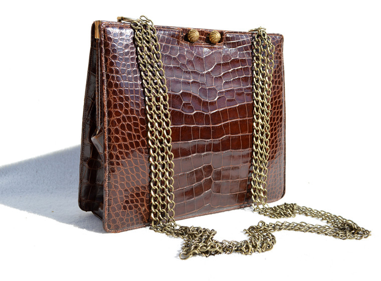 LUCILLE de PARIS 1950's-60's Chocolate Alligator CROSS BODY Shoulder Bag