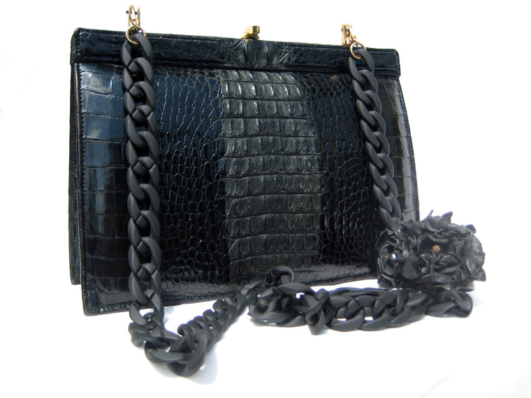 Stunning JET BLACK 1950's-60's  Hornback CROCODILE Shoulder Bag w/Bracelet!