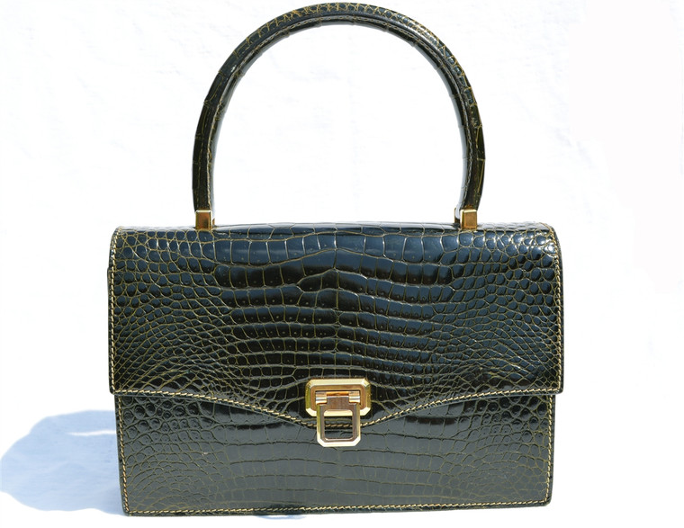 FOREST GREEN 1960's-70's CROCODILE Porosus Skin Handbag - SPREAFICO - Milano