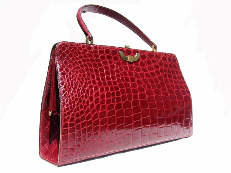 XL 15" Classic 1960's CRANBERRY Red Spritzer & Fuhrman CROCODILE Belly Handbag - GRIMALDI