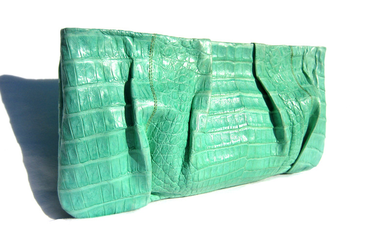 Oversized Early 2000's 14" MINT (Carnival Glass) GREEN Crocodile Belly Skin CLUTCH