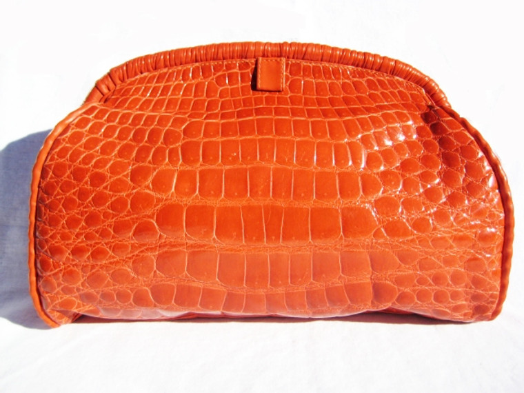 XL 14 x 10 ORANGE 1990's Crocodile Belly Skin CLUTCH Shoulder Bag - ITALY