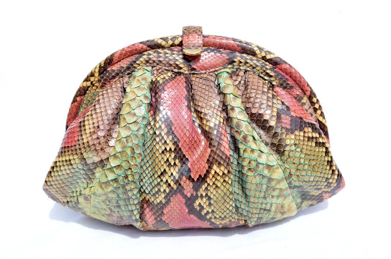  1970's-80's ROSE & GREEN PYTHON Snake Skin Clutch Shoulder Bag 