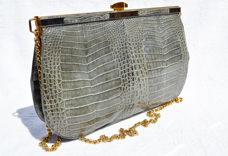 SLATE GRAY 1980's-90's  Crocodile Skin CLUTCH Shoulder Bag