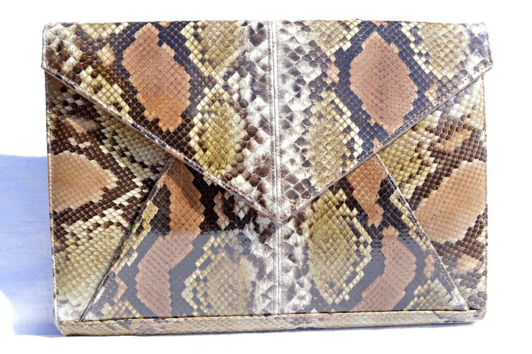  Lovely 1980's-90's  Python Snake Skin Envelope Clutch Shoulder Bag - Olive, Tan and Cream 