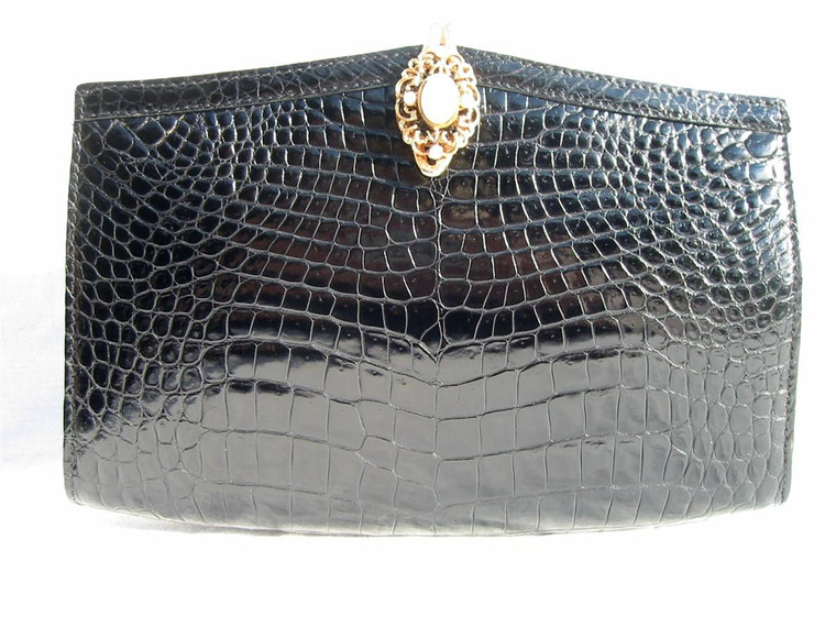  RARE Jeweled BLACK 1950's-60's CROCODILE Belly Skin CLUTCH Bag 