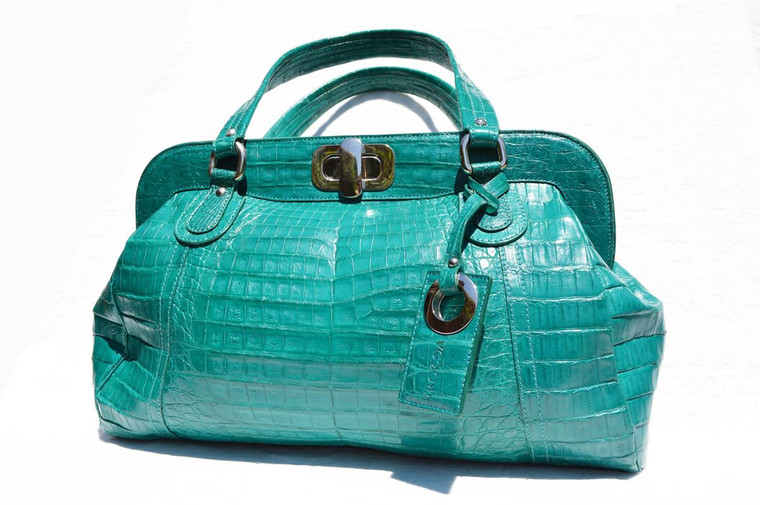  XXL Early 2000's DARK TURQUOISE GREEN Crocodile Belly Skin Handbag Shoulder Bag 