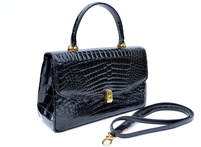  1990's-2000's Jet Black ALLIGATOR Belly Skin Handbag Shoulder Bag 