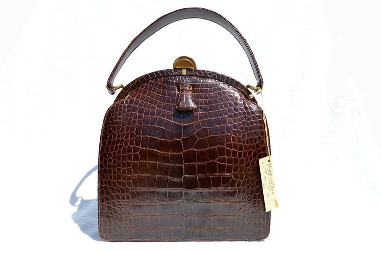  Chocolate Brown 1950's-60's LUCILLE de PARIS Voluptuous Alligator Belly Skin Handbag 