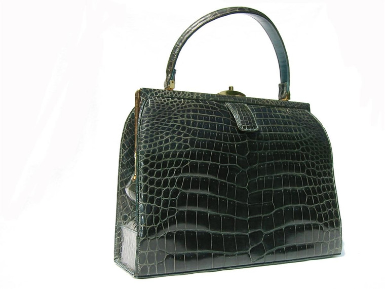  GREEN 1950's-60's CROCODILE Skin Handbag - LUCILLE de PARIS 