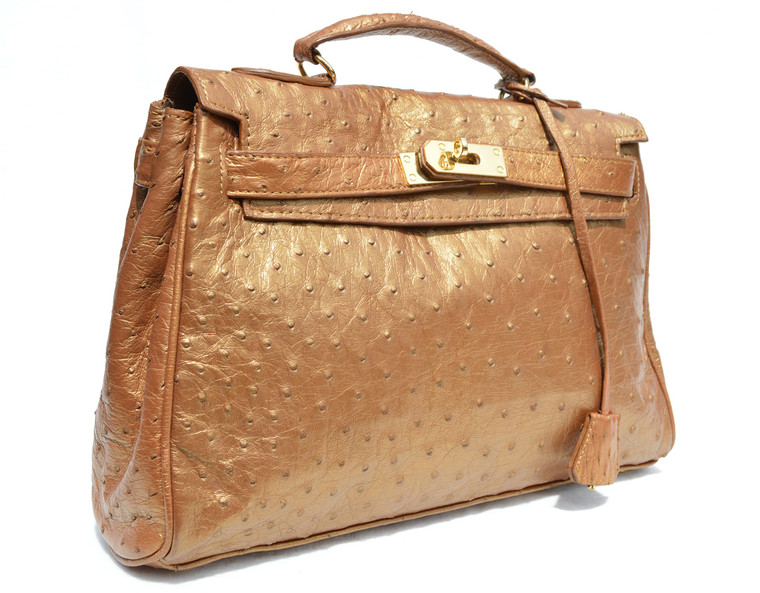 1990's-2000's BRONZE Metallic Genuine Ostrich Skin Birkin Style Handbag