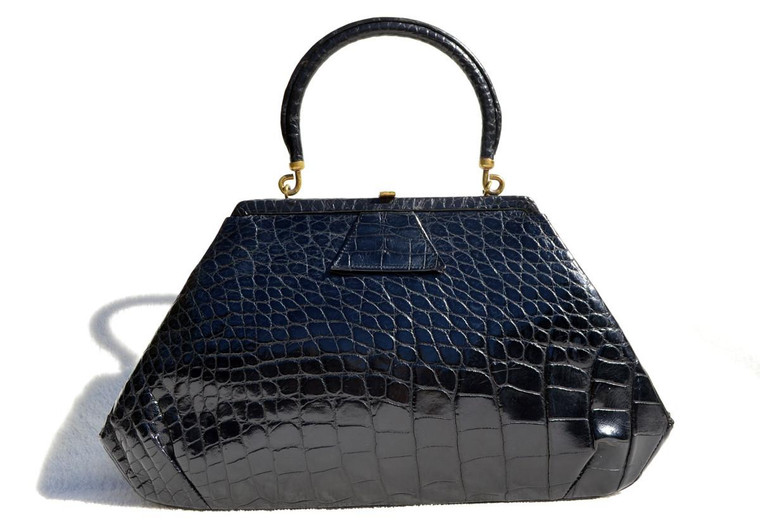  Unique 1950's-60's Jet BLACK Alligator Belly Skin Handbag 