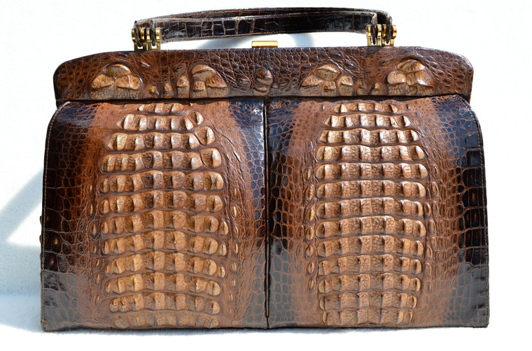 Dramatic XL Chocolate 1980's Double HORNBACK Crocodile Skin SHOULDER Bag - EXKLUSIV