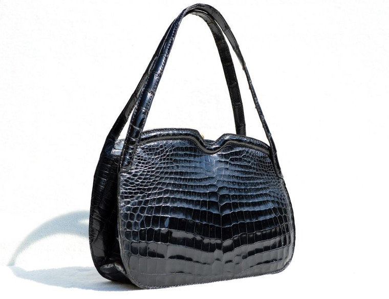  Unique 1950's-60's Jet Black CROCODILE Belly Skin Handbag 