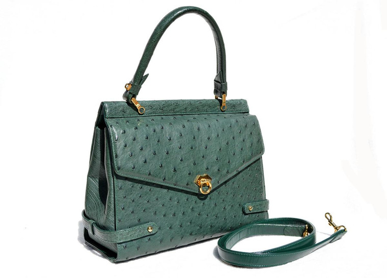  Dark GREEN 1990's-2000's Ostrich Skin Handbag Shoulder Bag 