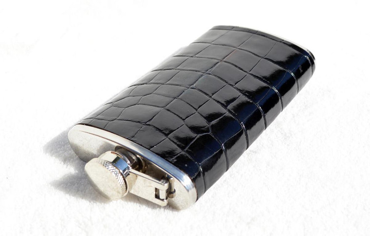  Custom Jet BLACK Alligator Belly Skin 6 Oz. Stainless Hip FLASK - NEW! 
