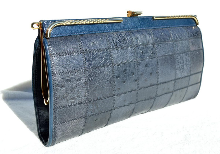  Classic 1970's-80's NAVY BLUE Patchwork Ostrich Skin Clutch Shoulder Bag 