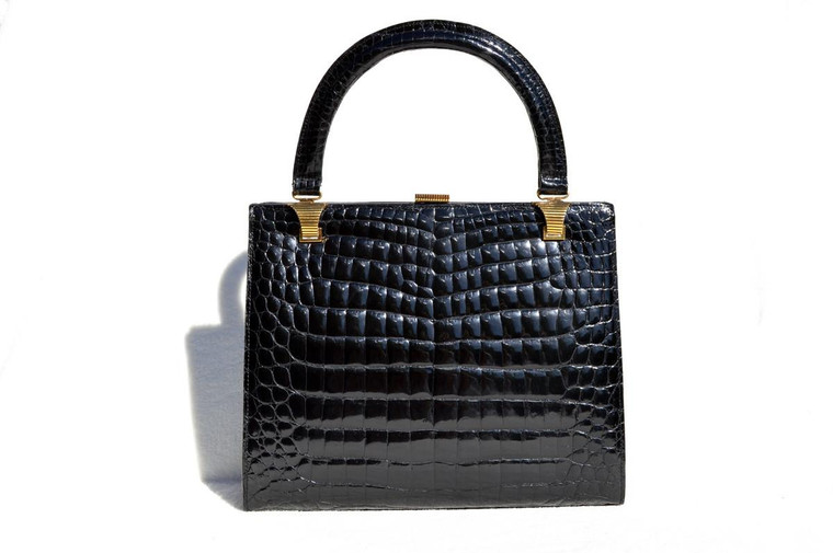  Timeless 1960's Black CROCODILE Porosus Belly Skin Handbag - GRETA - Belgium 