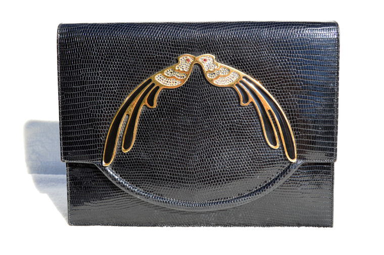 NAVY BLUE 1950's-60's MARTIN VAN SCHAAK Lizard Skin Bag - Jeweled Peacocks