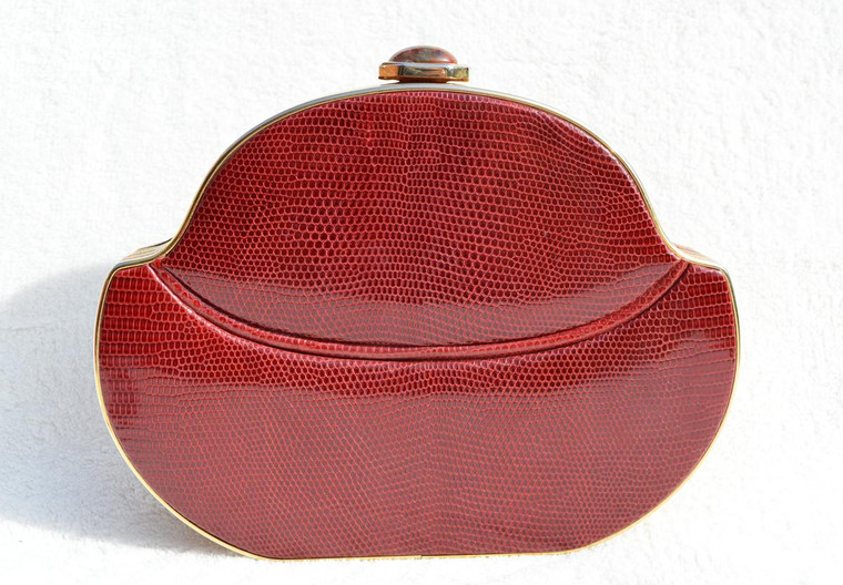  Wine RED WALTER KATTEN 1970's-80's Hard-Sided LIZARD Skin CLUTCH - ITALY! 