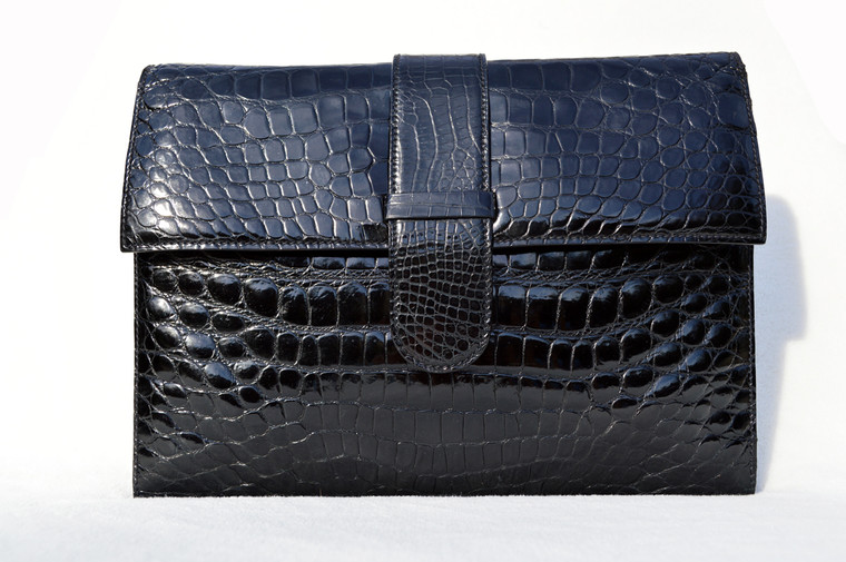 Stunning XL 1990's Jet BLACK CROCODILE Belly Skin CLUTCH Shoulder Bag - SPREAFICO - ITALY