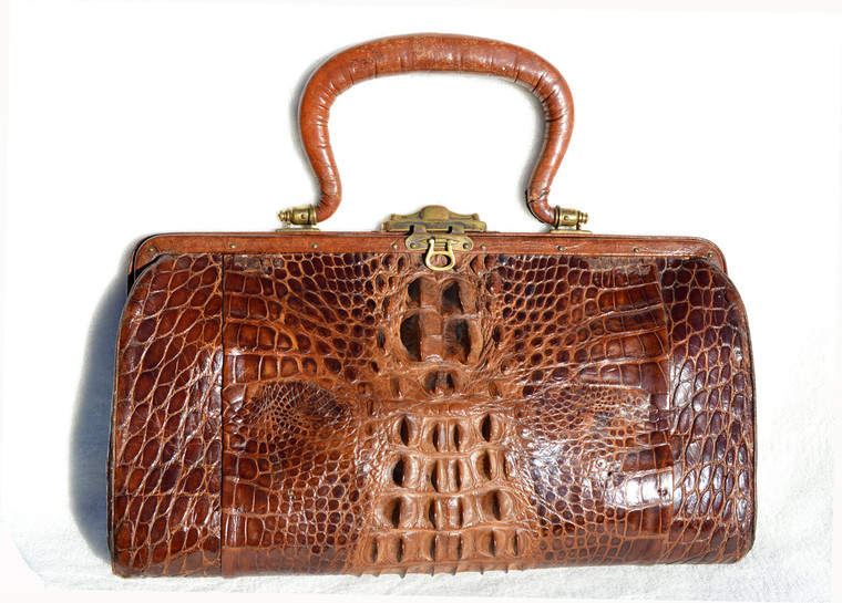 Brown Early 1900's Antique Edwardian HORNBACK Alligator Skin Handbag