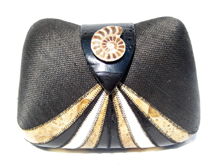 BLACK & TAN 1980's Deco Style Hard-Sided FROG SKIN Clutch Shoulder Bag - Ammonite!
