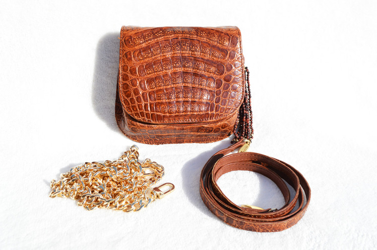 Cognac LANA MARKS -  LANA OF LONDON 1990's CROCODILE Belly Skin Shoulder Cross Body Bag