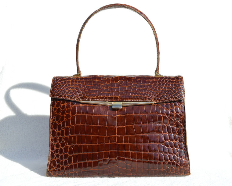 Lovely Chocolate Brown 1950's-60's Kelly Style Crocodile Belly Skin Handbag