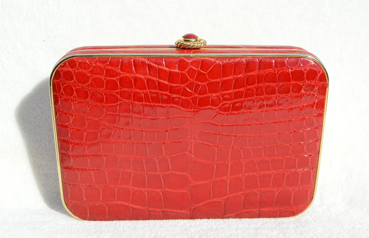 Bright RED Hard-Sided ALLIGATOR Belly Skin CLUTCH Shoulder Bag 