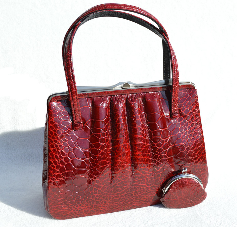 RED 1950's-1960's TURTLE Skin Handbag with Change Purse