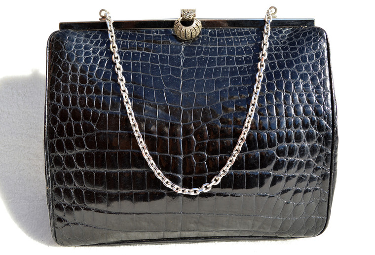 Small JET BLACK 1950's-60's CROCODILE Belly Evening Bag- Marcasites!