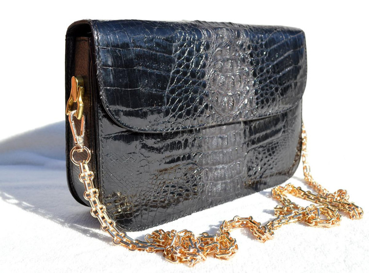  KAIYO - Jet BLACK 1990's Hornback CROCODILE Skin CROSS BODY Shoulder Bag Clutch 