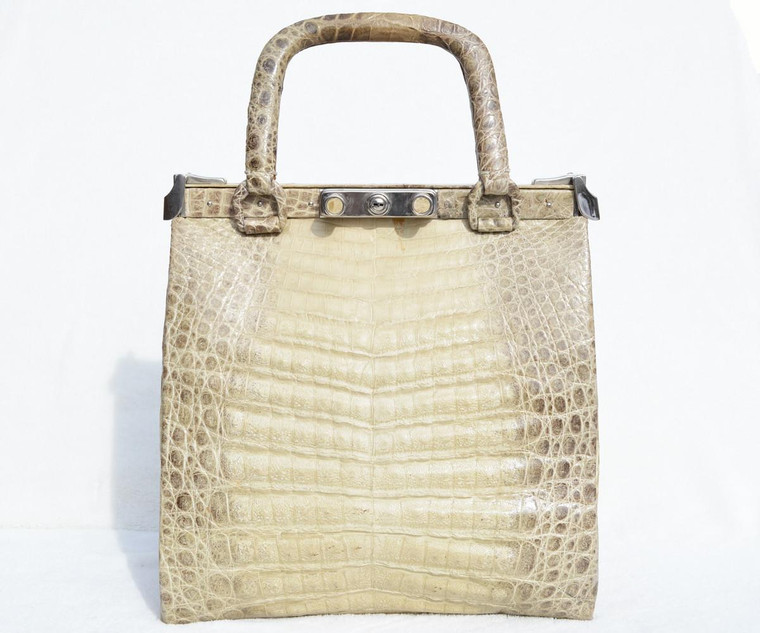  MODELL ROYAL 1960's Cream, Taupe & Brown CROCODILE Belly Skin Locking Handbag - SILVER 