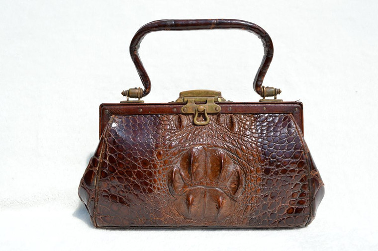  Early 1900's Chocolate Brown Edwardian Hornback ALLIGATOR Handbag 
