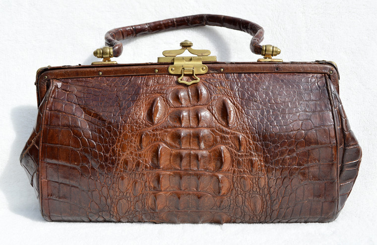 Beautiful 1930's-40's Victorian Style Brown Hornback Alligator Skin Handbag