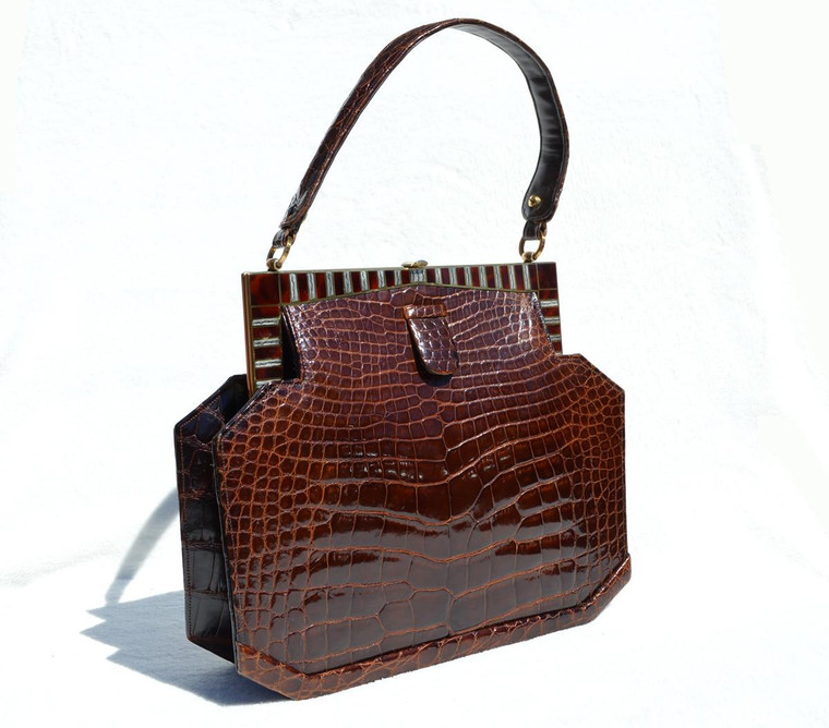  Fabulous CHOCOLATE 1950's-60's ART DECO Style CROCODILE Skin Handbag 