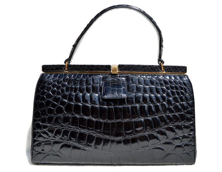  Jet BLACK RENDL 1950's-60's ALLIGATOR Belly Skin Handbag 