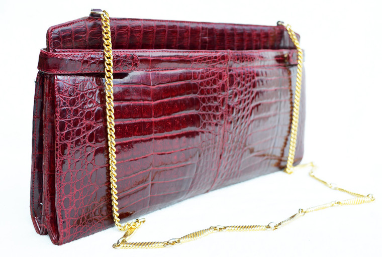 1980's Burgundy RED Crocodile Belly Skin Clutch Shoulder Bag