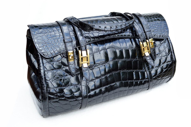  Massive 19" x 12" BLACK 1990's-2000's CROCODILE Belly Skin CARRY ON Luggage Weekend BOSTON Bag 