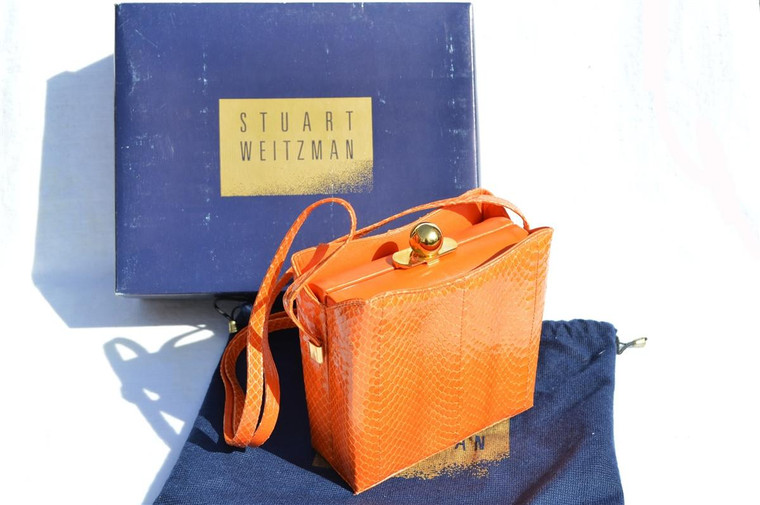  ORANGE 1990's STUART WEITZMAN Cobra Snake Skin Shoulder Bag - BOX! 