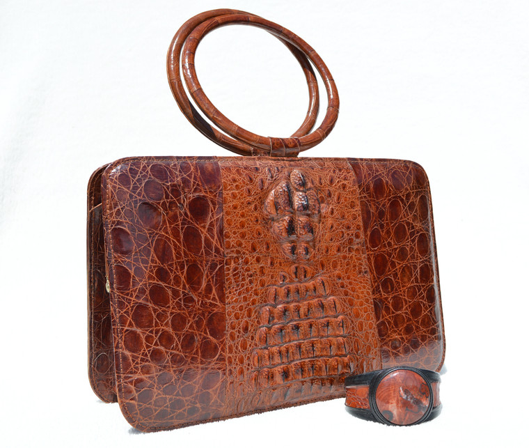 Deco 1970's Hornback Crocodile Skin Handbag w/Ring Handles with Matching Cuff Bracelet